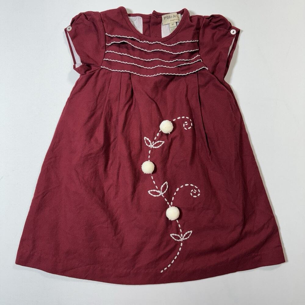 P’tite Môm Paris Toddler 4T Burgundy Cotton Dress Lined Pom Pom Embroidery EUC